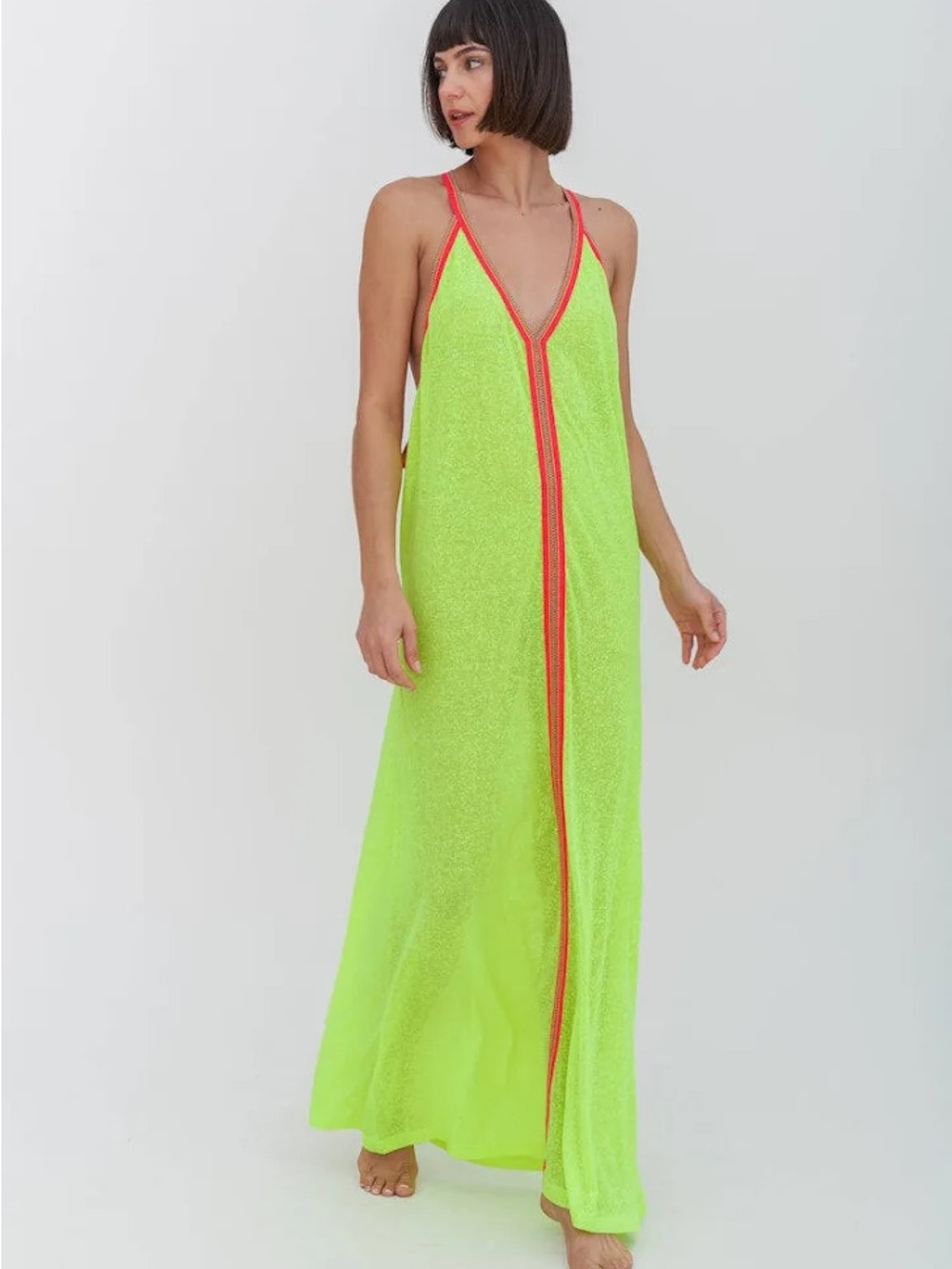 PitUSA Inca Neon Lime V-Neck Maxi Swim Cover-Up with Coral Trim